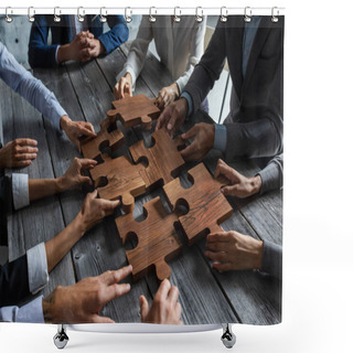 Personality  Business People Team Sitting Around Meeting Table And Assembling Wooden Jigsaw Puzzle Pieces Unity Cooperation Ideas Concept Shower Curtains
