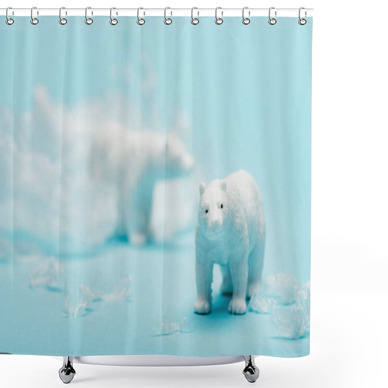 Personality  Toy Polar Bears With Polyethylene Trash On Blue Background, Environmental Pollution Concept Shower Curtains