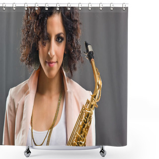Personality  Beautiful Girl With Saxophone On Grey Background Shower Curtains