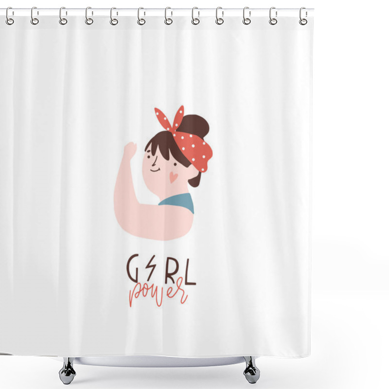 Personality  International Women's Day. Vector template with illustration of beautiful dark hair woman and Girl power lettering. Perfect for cards, posters, flyer and other uses. Vector illustration  shower curtains