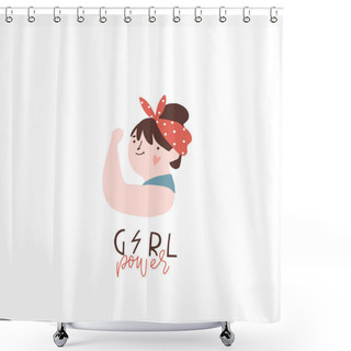 Personality  International Women's Day. Vector Template With Illustration Of Beautiful Dark Hair Woman And Girl Power Lettering. Perfect For Cards, Posters, Flyer And Other Uses. Vector Illustration  Shower Curtains