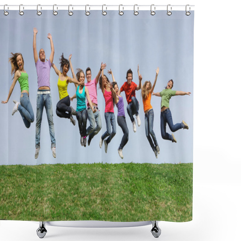 Personality  Happy Smiling Diverse Mixed Race Group Jumping Shower Curtains