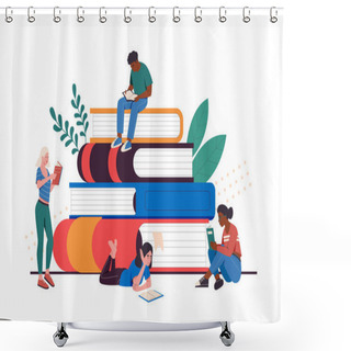 Personality  Cartoon Young People Read Books. Female And Male Student Characters Studying Or Preparing For Exam. Readers Sitting On Stack Of Giant Books, Lying And Standing On Floor With Literature Vector Shower Curtains