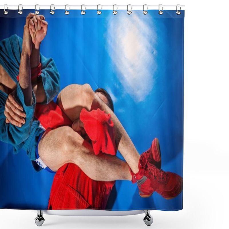 Personality  Two Wrestlers Of Grappling And Jiu Jitsu In A Blue And Red Kimono Makes Armlock On Blue Tatami. Close-up Wrestler Submission Wrestling   Shower Curtains