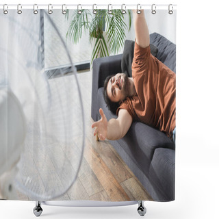 Personality  Pleased Bearded Man Lying On Couch Near Blurred Electric Fan  Shower Curtains