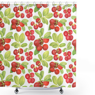 Personality  Watercolor Cowberry Seamless Pattern. Hand Drawn Branch With Red Berries And Leaves On White Background. Forest Plant For Design, Cards, Invitations, Wallpaper, Wrapping, Textile, Food Packaging. Shower Curtains