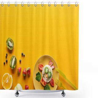 Personality  Top View Of Plate With Fancy Cow Made Of Food On Colorful Orange Background Shower Curtains