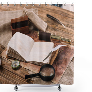 Personality  Open Copy Book With Blank Pages Near Telescope, Compass And Magnifying Glass On Wooden Table With Hessian And World Map Shower Curtains