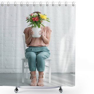 Personality  Woman Covering Face With Flowers In Vase While Sitting On Chair In Front Of White Brick Wall Shower Curtains