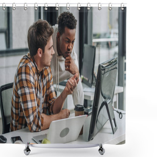 Personality  Serious Programmer Gesturing While Looking At Computer Monitor Together With African American Colleague Shower Curtains