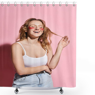 Personality  A Stylish Woman In A White Tank Top Confidently Posing With Eye Patches. Shower Curtains