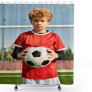 Personality  A Young Boy Stands Confidently On A Vast Soccer Field, Cradling A Soccer Ball Close To His Chest.The Bright Green Grass Stretches Around Him, Under A Clear Blue Sky.His Eyes Glimmer With Determination And Excitement As He Envisions The Game Ahead Shower Curtains