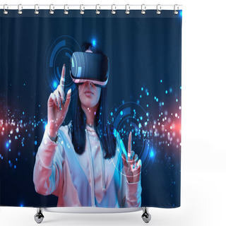 Personality  Woman In Virtual Reality Headset Pointing With Fingers At Glowing Cyber Illustration On Dark Background Shower Curtains