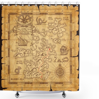 Personality  Old Pirate Map, Vector Worn Parchment With Treasure Location, Sea, Islands And Land, Wind Rose And Cardinal Points. Vintage Grunge Paper Pirate Map With Route To Find Chest With Treasury, Adventure Shower Curtains