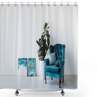 Personality  Comfortable Armchair Near Plant And Paintings In Living Room  Shower Curtains