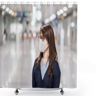 Personality  Young Asian Woman Wearing Protection Mask Against Novel Coronavirus Or Corona Virus Disease (Covid-19) At Airport, Is A Contagious Virus That Causes Respiratory Infection.Healthcare Concept Shower Curtains