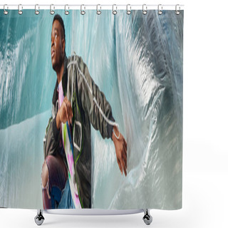 Personality  Young Afroamerican Man In Modern Outwear Jacket And Ripped Jeans Looking Away Near Cellophane On Turquoise Background, Urban Outfit And Modern Pose, Banner, Creative Expression, DIY Clothing  Shower Curtains