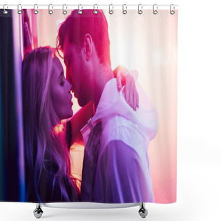 Personality  Side View Of Attractive And Blonde Woman Hugging And Kissing With Handsome Man  Shower Curtains