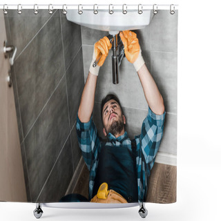 Personality  Selective Focus Of Repairman Fixing Water Damage With Wrench In Bathroom  Shower Curtains