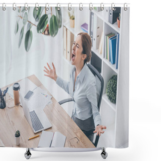 Personality  High Angle View Of Stressed Businesswoman Screaming At Workplace Shower Curtains