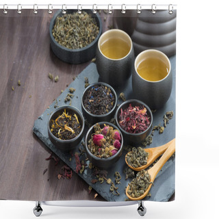 Personality  Assortment Of Fragrant Dried Teas And Green Tea On Wooden Table Shower Curtains