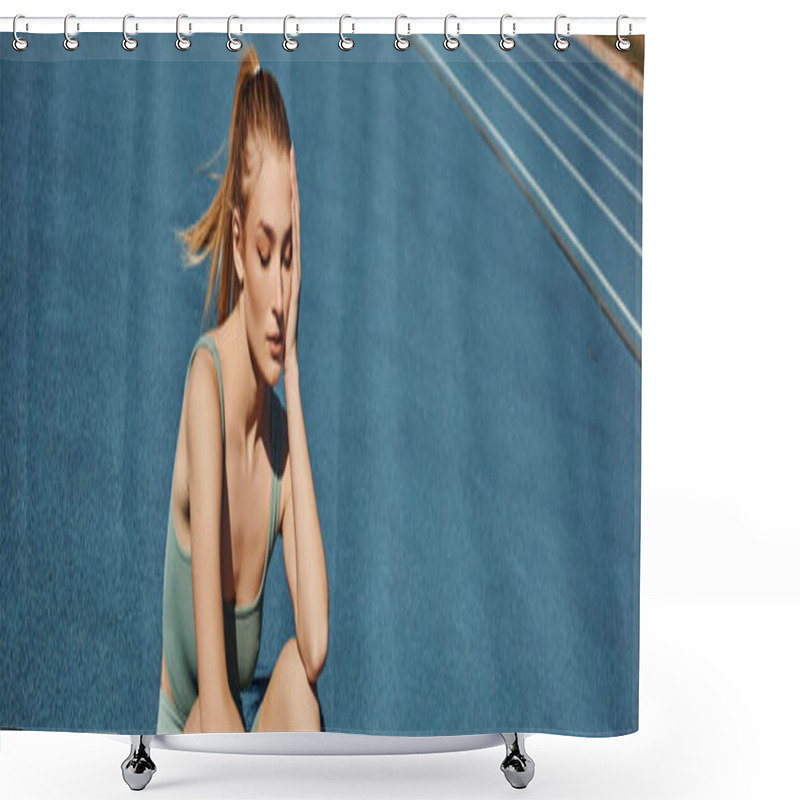Personality  Young Tired Sportswoman In Activewear Sitting While Having Rest After Workout, Horizontal Banner Shower Curtains
