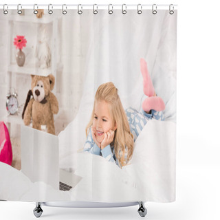 Personality  Happy Kid Lying In Bed And Using Laptop Shower Curtains