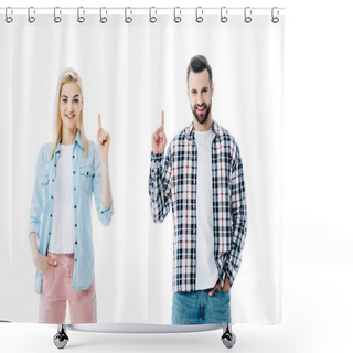 Personality  Happy Girl And Man Pointing With Fingers Up Isolated On White Shower Curtains