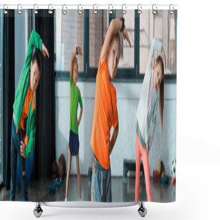Personality  Selective Focus Of Multicultural Children Warming Up On Fitness Mats In Gym, Panoramic Shot Shower Curtains