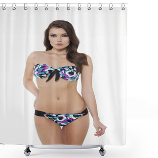 Personality  Beautiful Girl Posing In Stylish Detailed Black And Colorful Bikini On White Background. Shower Curtains