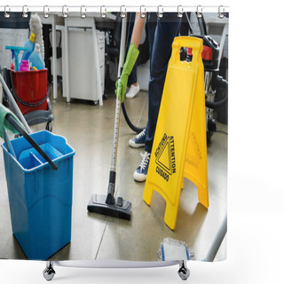 Personality  Cropped View Of Cleaner Using Vacuum Cleaner Near Wet Floor Signboard In Office  Shower Curtains