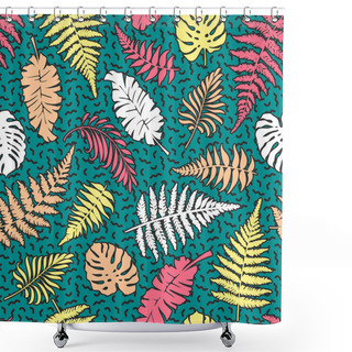 Personality  Bright Vector Seamless Pattern With Leaves Of Palm, Fern, Monstera, Tropical Botanical Background, Wallpaper In 80s Memphis Style.  Shower Curtains