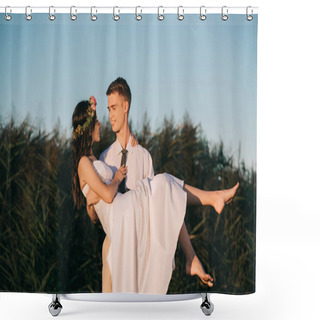 Personality  Happy Young Groom Carrying Beautiful Bride In Park   Shower Curtains