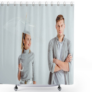 Personality  Smiling Woman Holding Transparent Umbrella And Standing Near Dissatisfied Man With Crossed Arms Isolated On Grey Shower Curtains