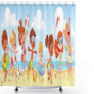 Personality  Children Have Fun Running On The Beach. Kid With Inflatable Rubber Circle Run To Sea. Summer Time. Seamless Panorama Of Summer Sea Beach. Funny Cartoon Character. Vector Illustration Shower Curtains