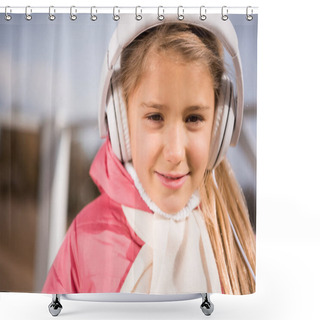 Personality  Smiling Little Girl In White Headphones Shower Curtains