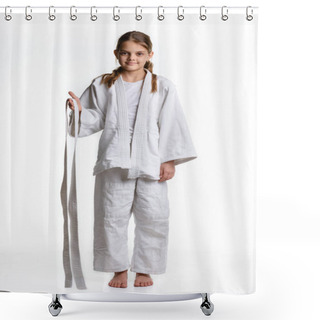 Personality  The Girl Stands In A Dogi Sports Fighting Dress, And Holds Her Belt In Her Hands Shower Curtains