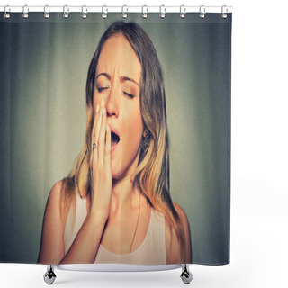 Personality  Sleepy Young Woman With Wide Open Mouth Yawning Eyes Closed Looking Bored Shower Curtains