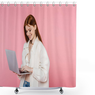Personality  Smiling Red Haired Woman In Jacket Using Laptop Isolated On Pink Shower Curtains