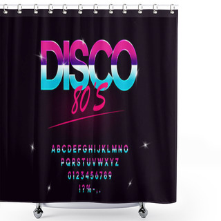 Personality  Retrowave Synthwave Vector Font In 1980s Style. Retro Design Letters, Numbers, Symbols And Set Of Lens Flare On Dark Background. Type For Flyer, Banner, Poster, Cover, Etc. Eps 10 Shower Curtains