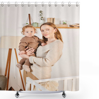 Personality  Cheerful Woman With Adorable Toddle Son In Hands Looking At Camera Near Crib In Nursery Room At Home Shower Curtains