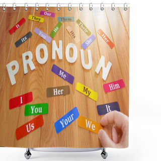 Personality  English Word Cards Around Wooden Pronouon Letters On Wooden Table   Shower Curtains