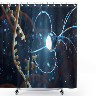 Personality  Medical Concept In The Field Of Nanotechnology. Genetic Engineering And The Use Of Nanorobots To Replace Part Of The DNA Molecule. 3 D Rendering. Shower Curtains