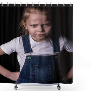 Personality  Beautiful Blonde Little Girl On A Dark Background. She Stands In Different Poses And Shows Different Emotions Shower Curtains