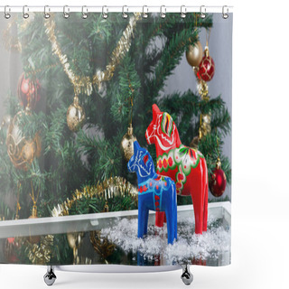 Personality  Swedish Traditional Souvenir Wooden Dala Horses With Christmas Decoration, On A Glass Table With Snow, Horizontal, Copy Space Shower Curtains