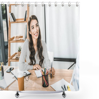 Personality  Portrait Of Smiling Asian Businesswoman Sitting At Workplace With Various Office Supplies Shower Curtains