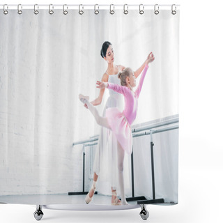 Personality  Low Angle View Of Adult Ballerina Training With Child In Pink Tutu In Ballet Studio Shower Curtains