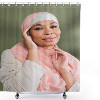 Personality  Positive Multiracial Muslim Woman In Pink Hijab Posing With Hands Near Face On Green Background Shower Curtains