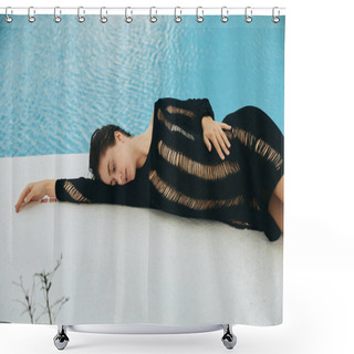 Personality  Luxury Resort, Sexy Woman In Black Knitted Dress Lying Next To Outdoor Swimming Pool With Shimmering Water In Miami, Summer Getaway, Youth, Poolside Relaxation, Getting Tan Shower Curtains