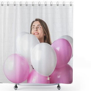 Personality  Pretty Girl Smiling Over Bunch Of Balloons On White Brick Wall Background Shower Curtains